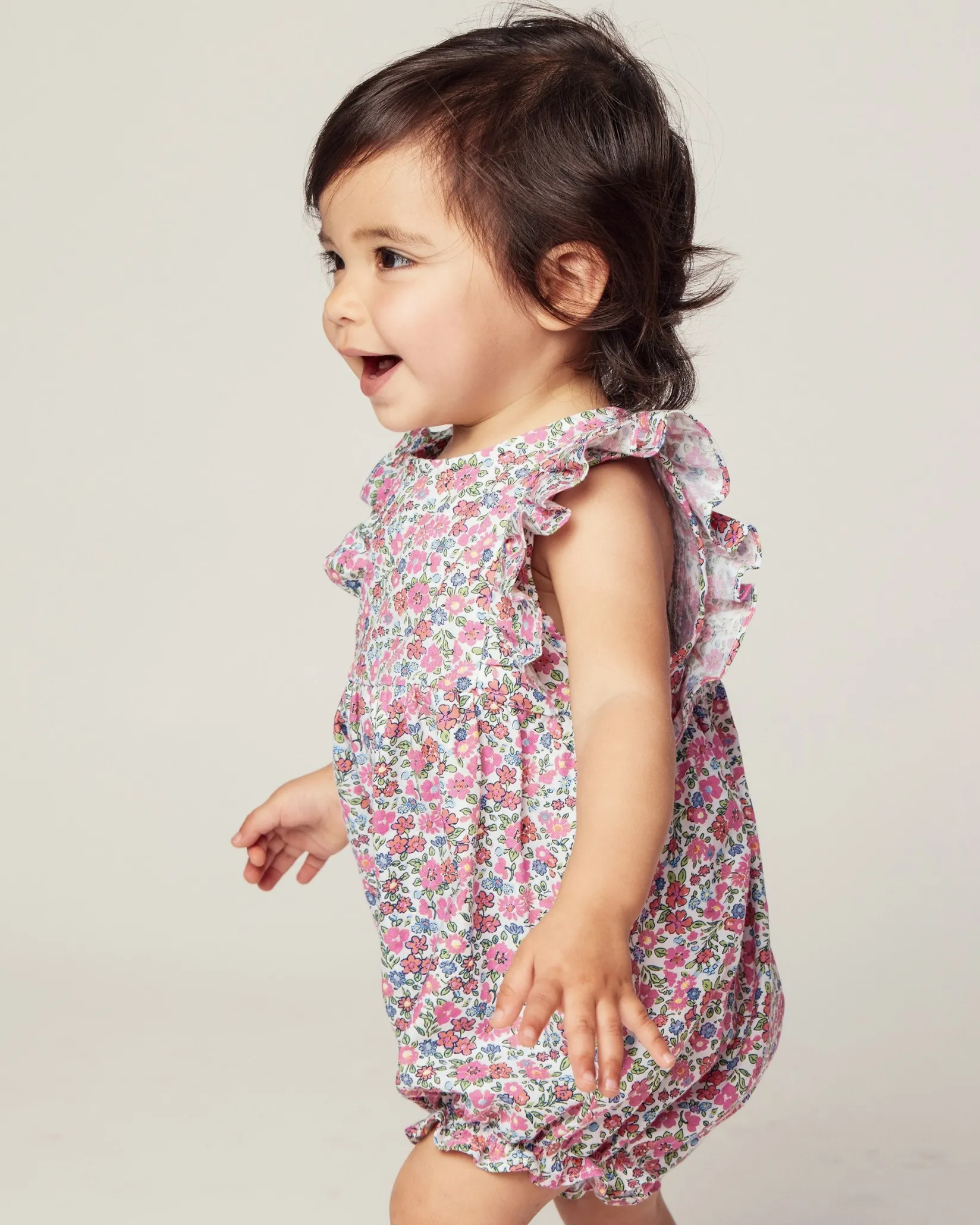 Petite Plume Baby Twill Ruffled Romper in Fleurs de Rose