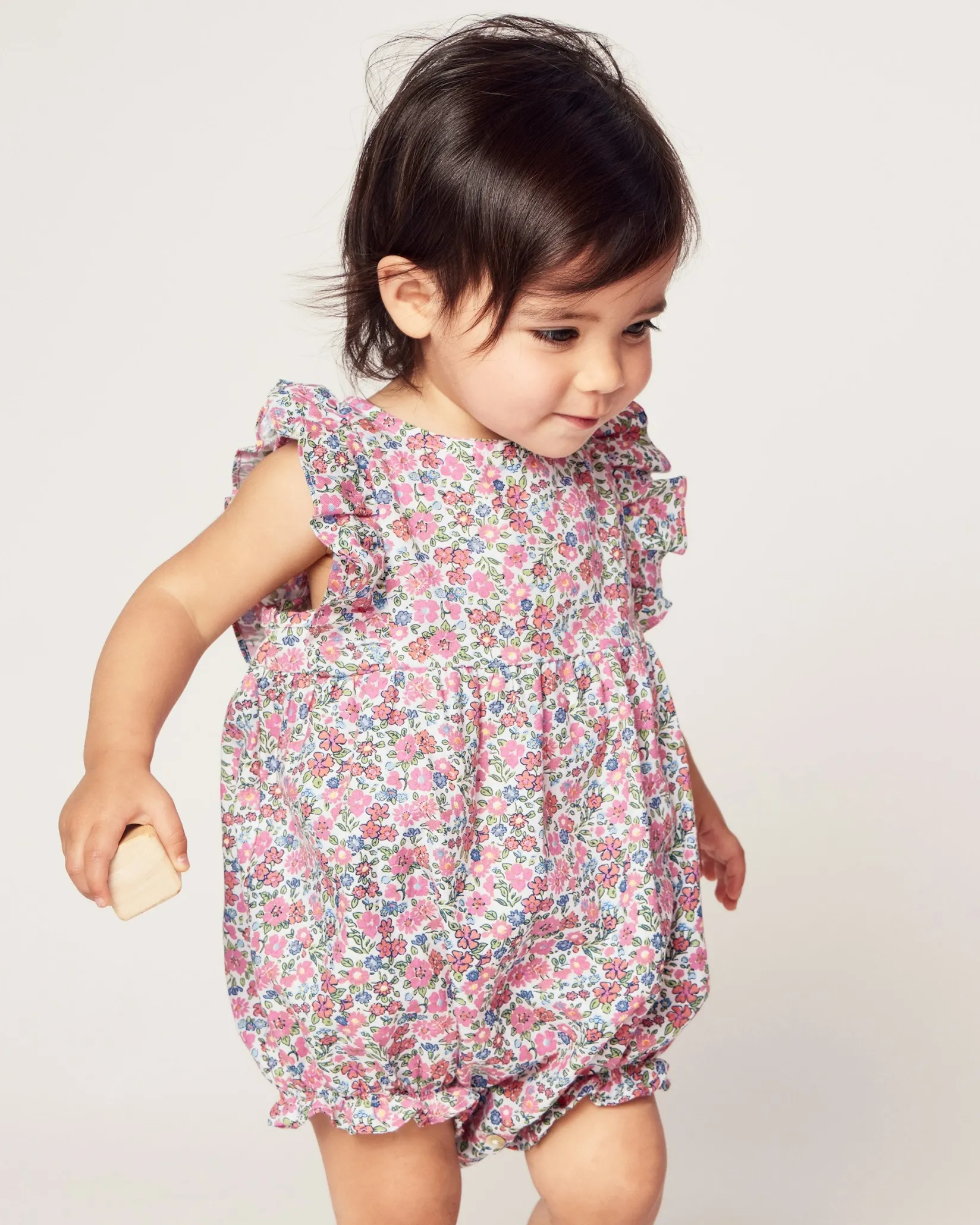 Petite Plume Baby Twill Ruffled Romper in Fleurs de Rose