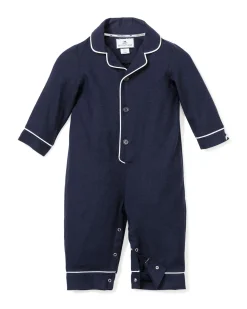 Petite Plume Baby's Flannel Romper in Navy with White Piping