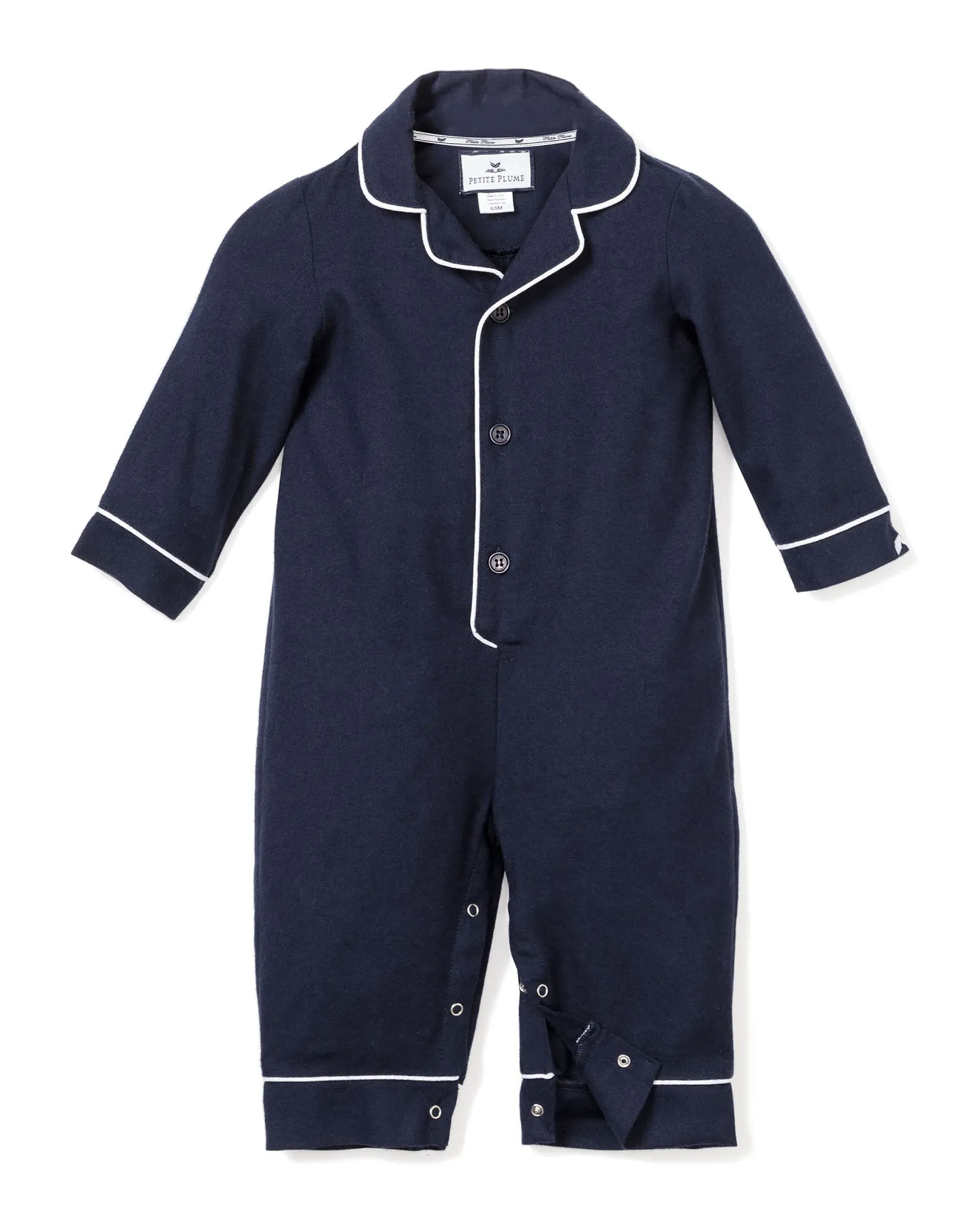 Petite Plume Baby's Flannel Romper in Navy with White Piping