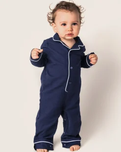 Petite Plume Baby's Flannel Romper in Navy with White Piping