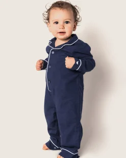 Petite Plume Baby's Flannel Romper in Navy with White Piping