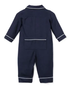 Petite Plume Baby's Flannel Romper in Navy with White Piping