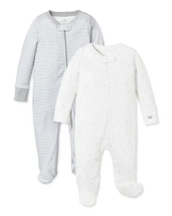Petite Plume Baby's Pima Romper Duo in Grey Stripe & Grey Stars