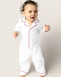 Petite Plume Baby's Twill Romper in White with Red Piping