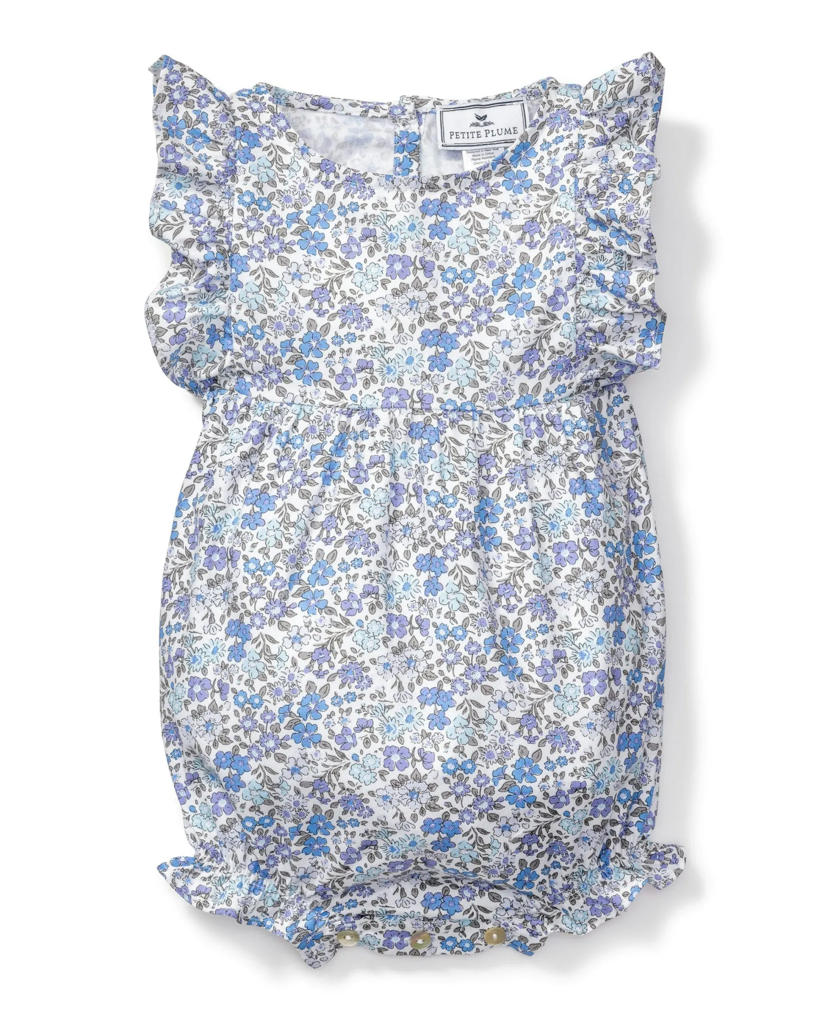 Petite Plume Baby's Twill Ruffled Romper in Fleur D'Azur
