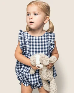 Petite Plume Baby's Twill Ruffled Romper in Navy Gingham