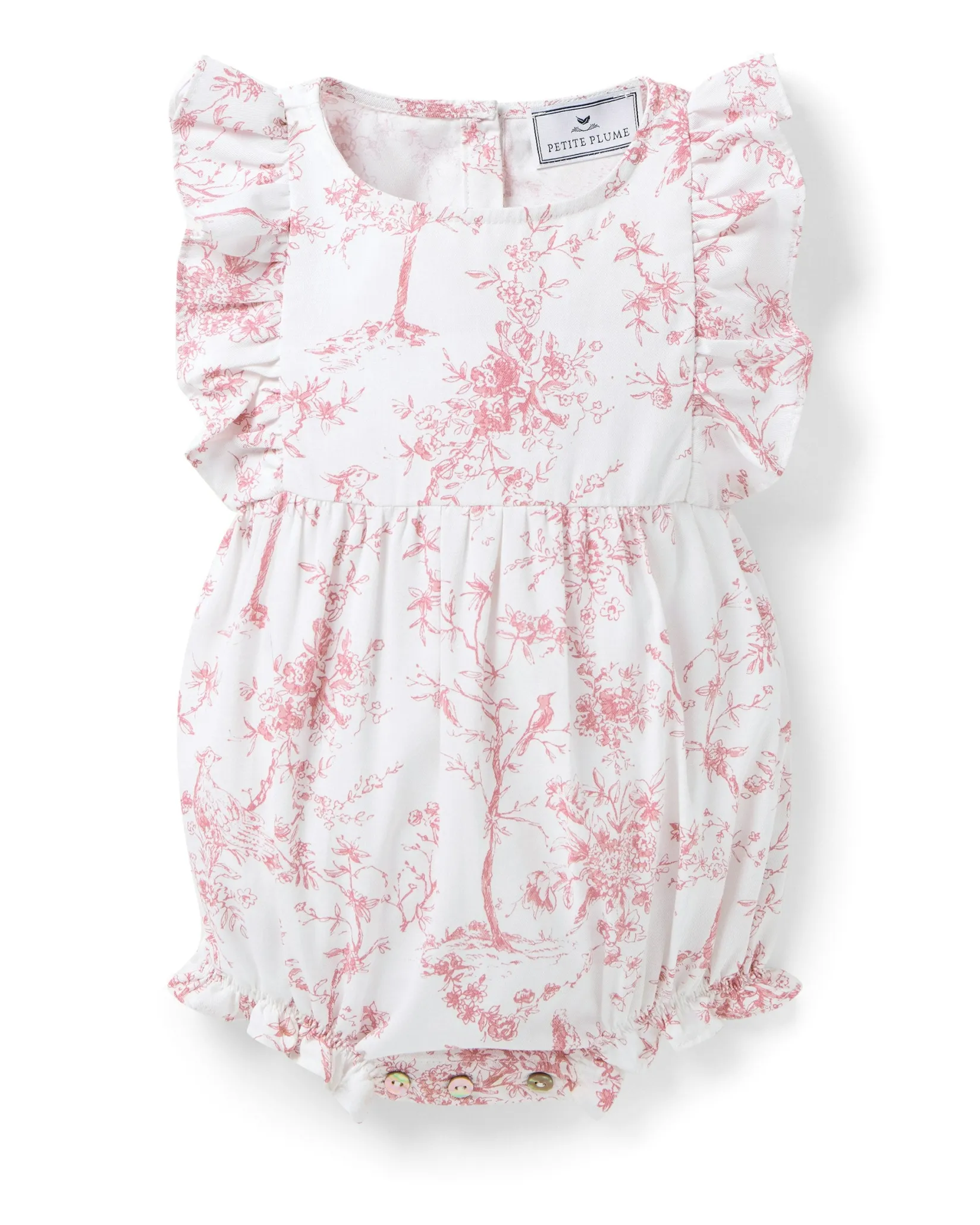 Petite Plume Baby's Twill Ruffled Romper in Pink Timeless Toile