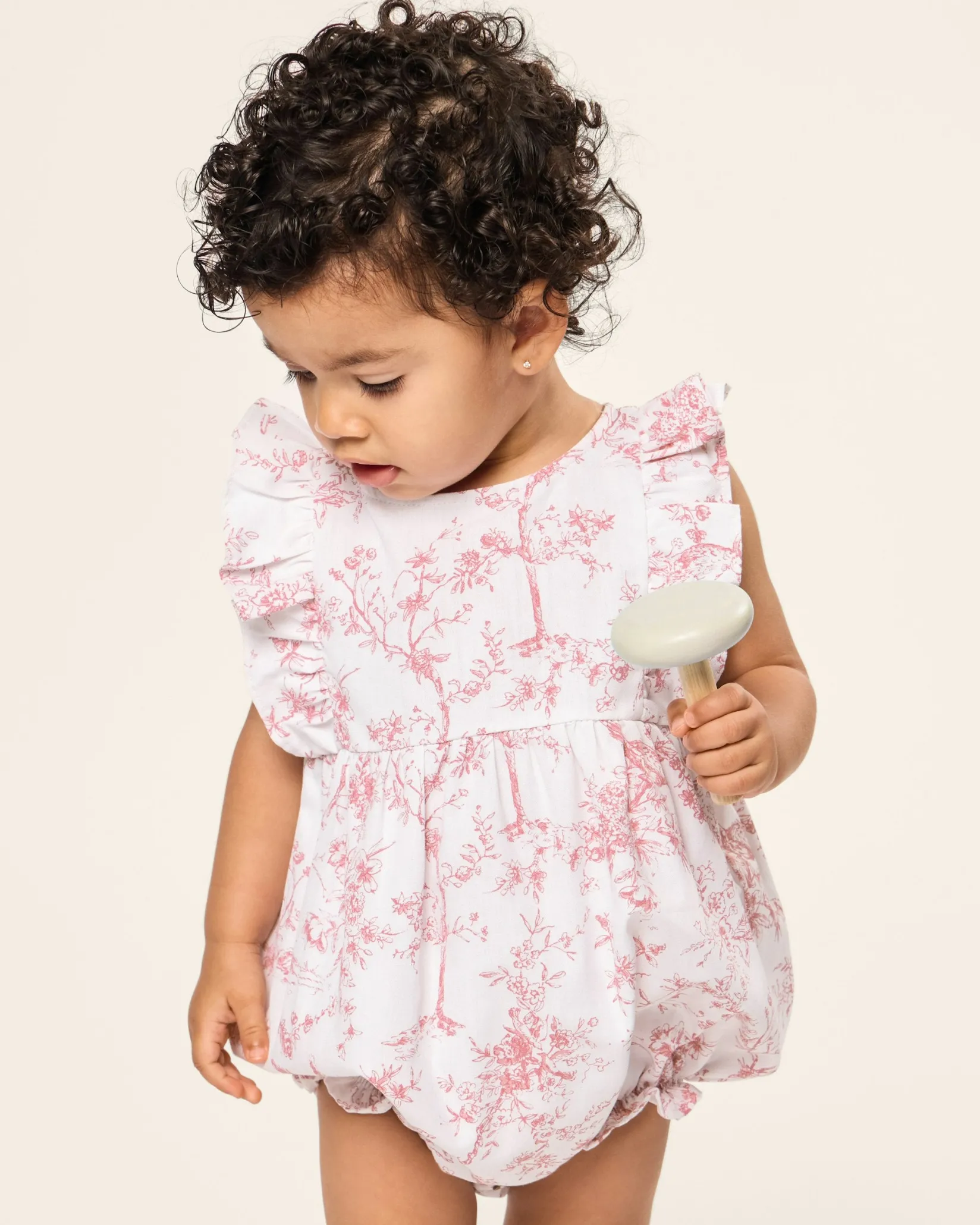 Petite Plume Baby's Twill Ruffled Romper in Pink Timeless Toile