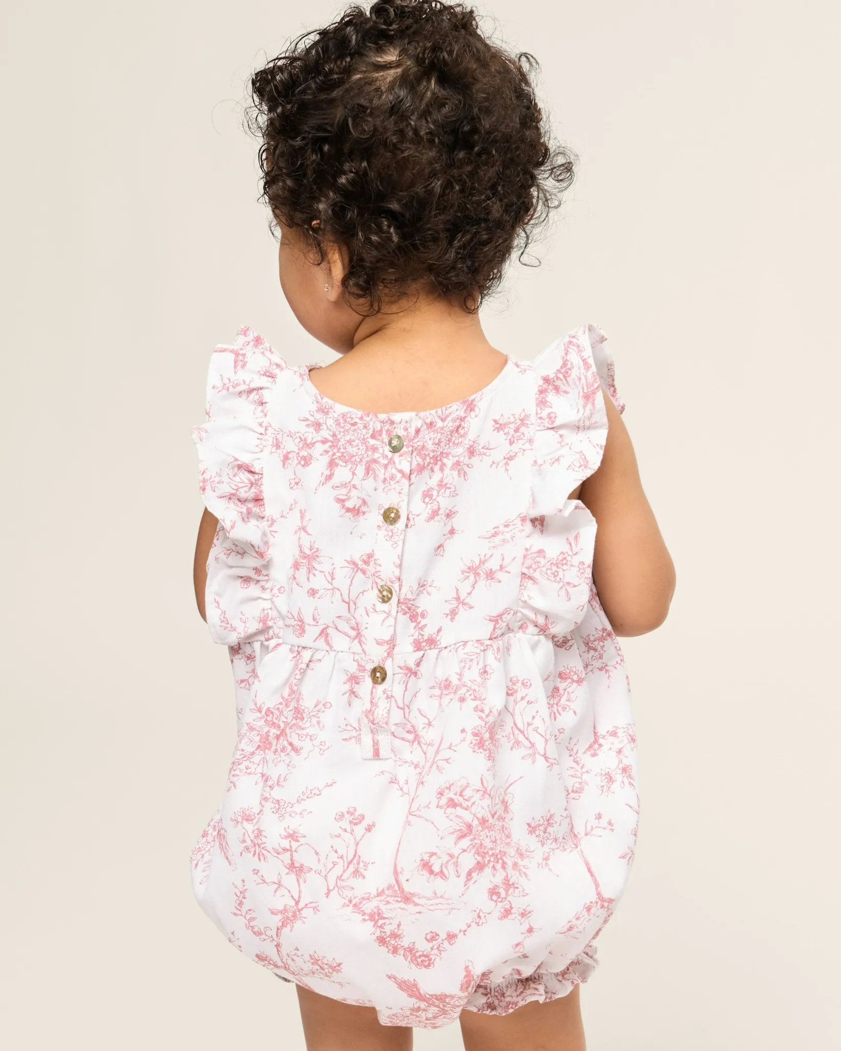 Petite Plume Baby's Twill Ruffled Romper in Pink Timeless Toile