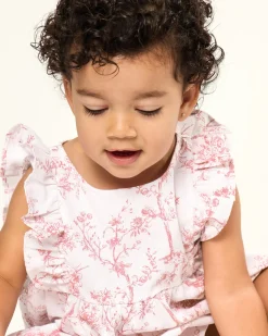 Petite Plume Baby's Twill Ruffled Romper in Pink Timeless Toile