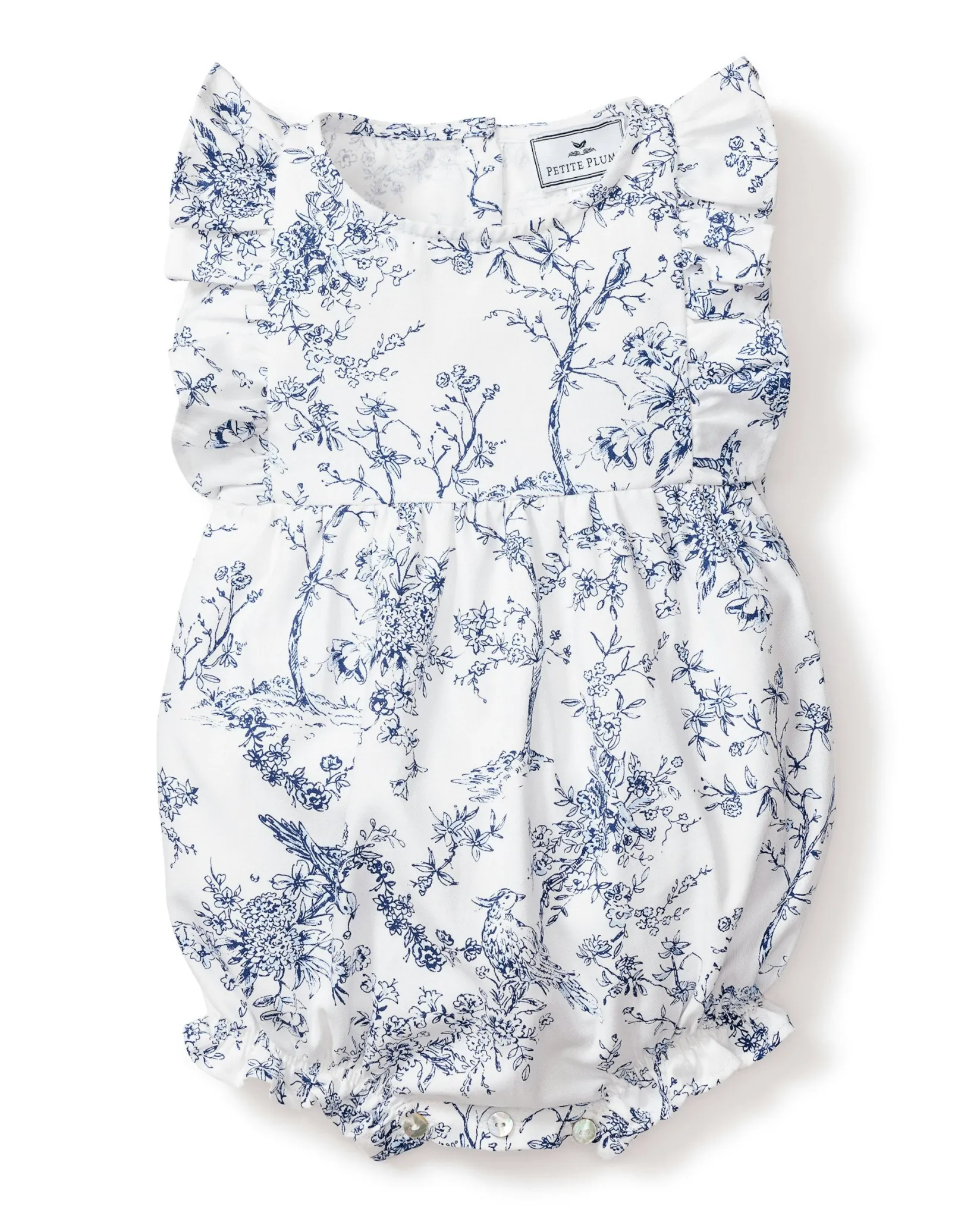 Petite Plume Baby's Twill Ruffled Romper in Pink Timeless Toile