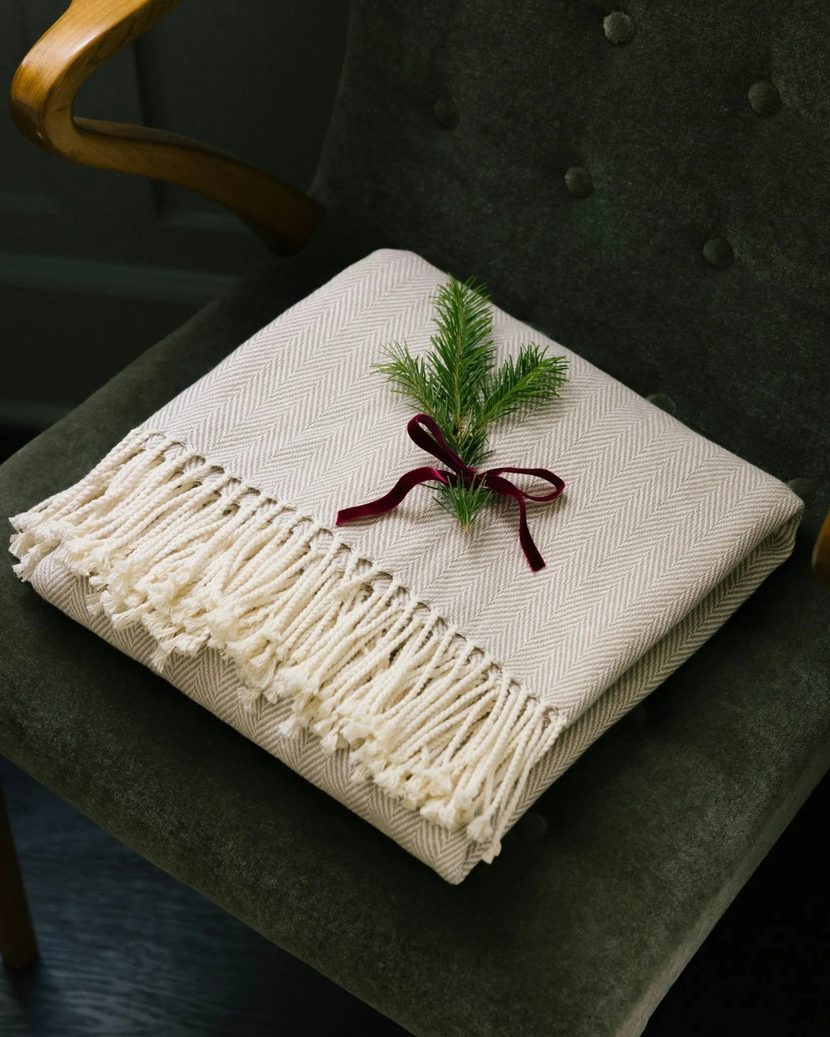 Petite Plume Herringbone Throw in Beige