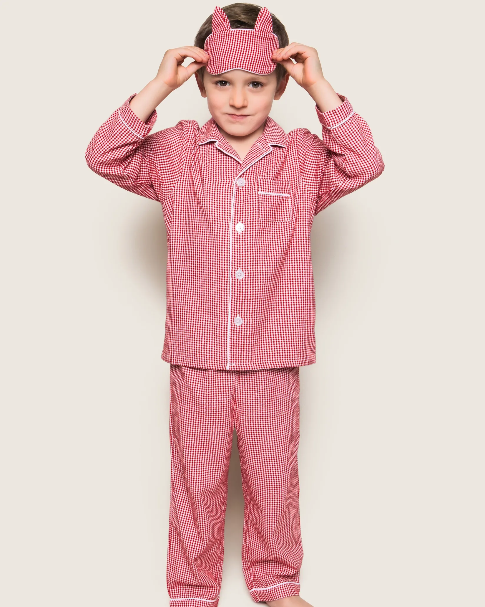 Kids Petite Plume Kid's Flannel Pajama Set in Red Mini Gingham