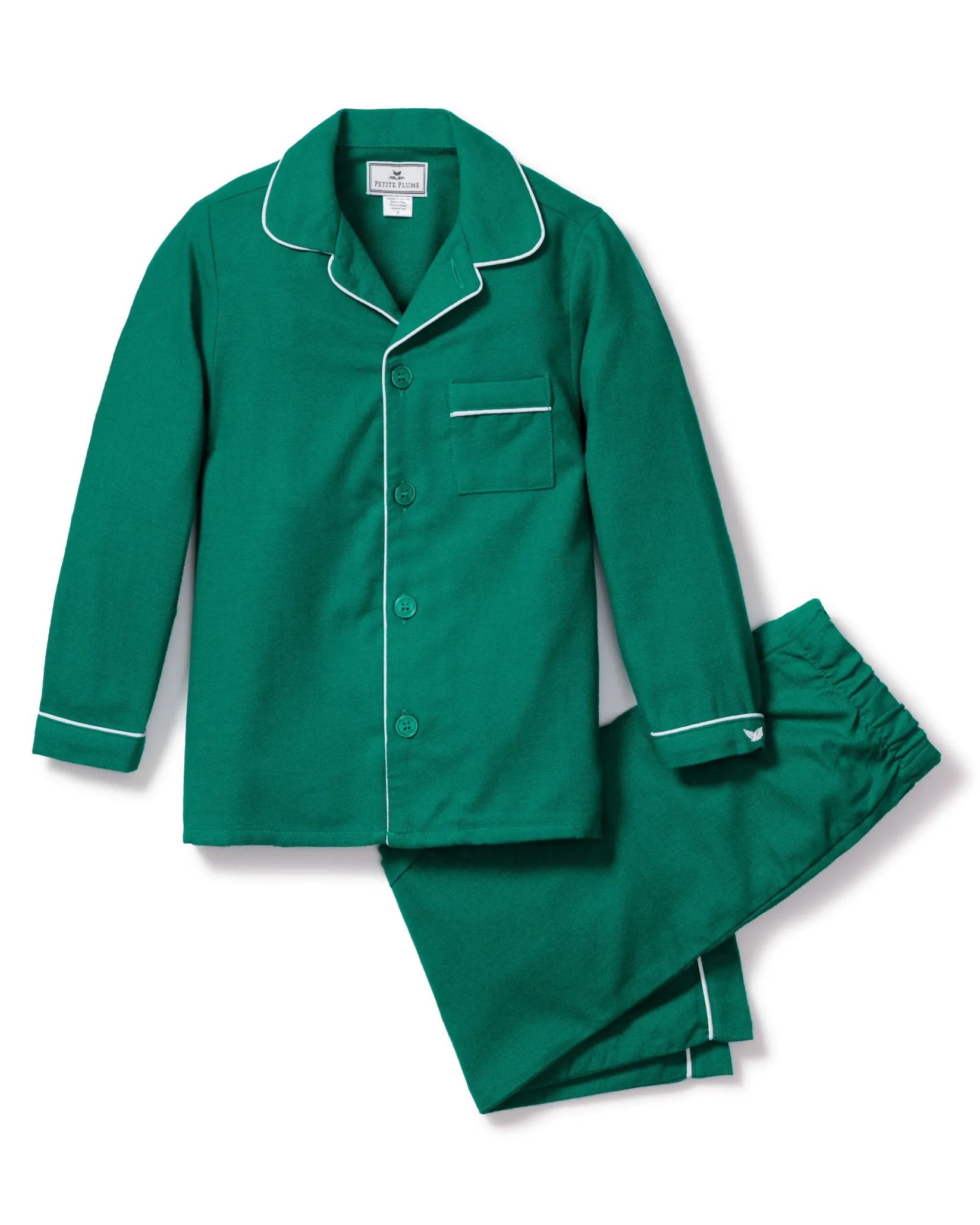 Kids Petite Plume Kid's Flannel Pajama Set in Forest Green