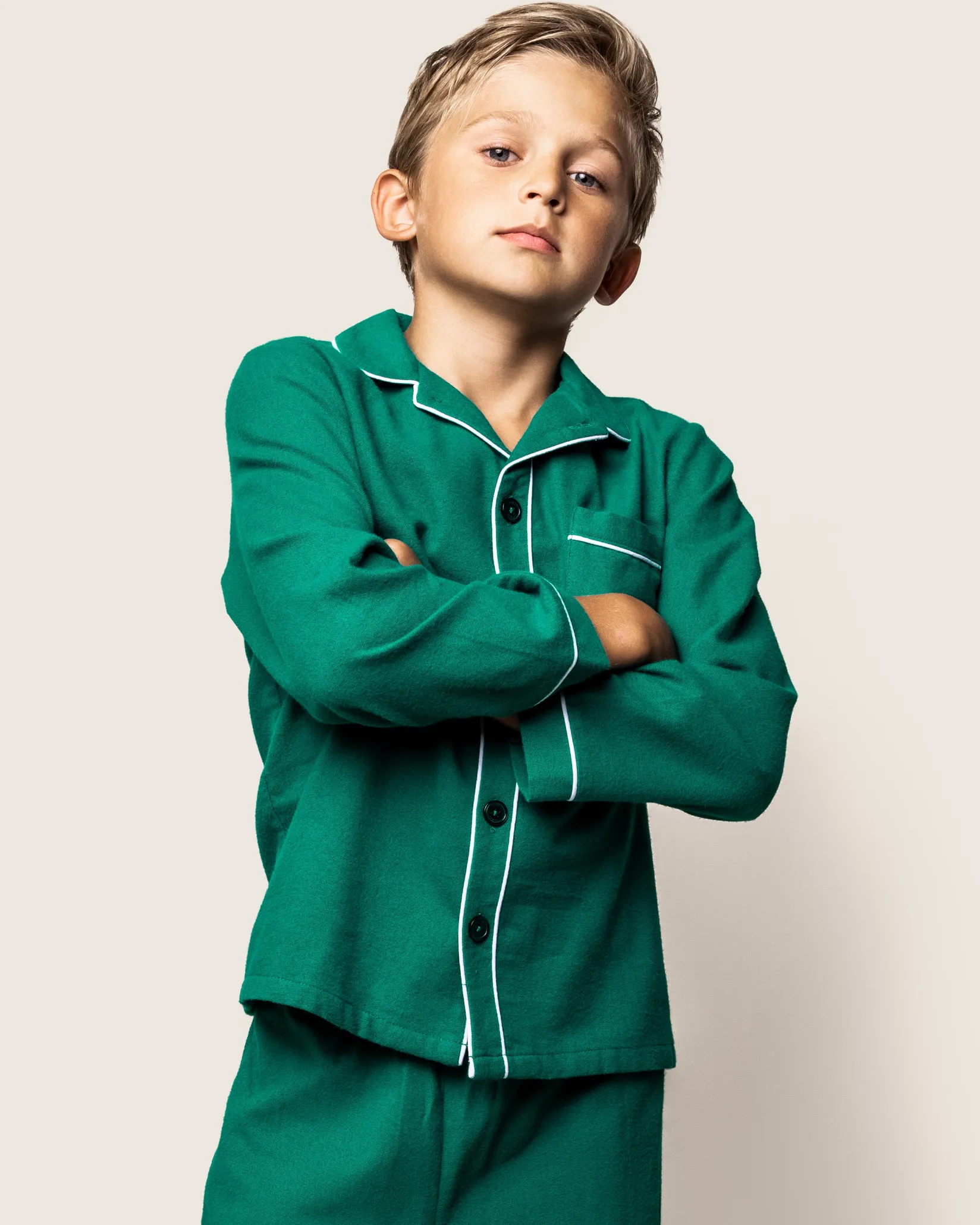 Kids Petite Plume Kid's Flannel Pajama Set in Forest Green
