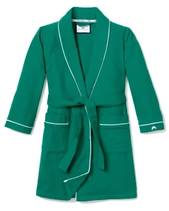 Kids Petite Plume Kid's Flannel Robe in Forest Green with White Piping
