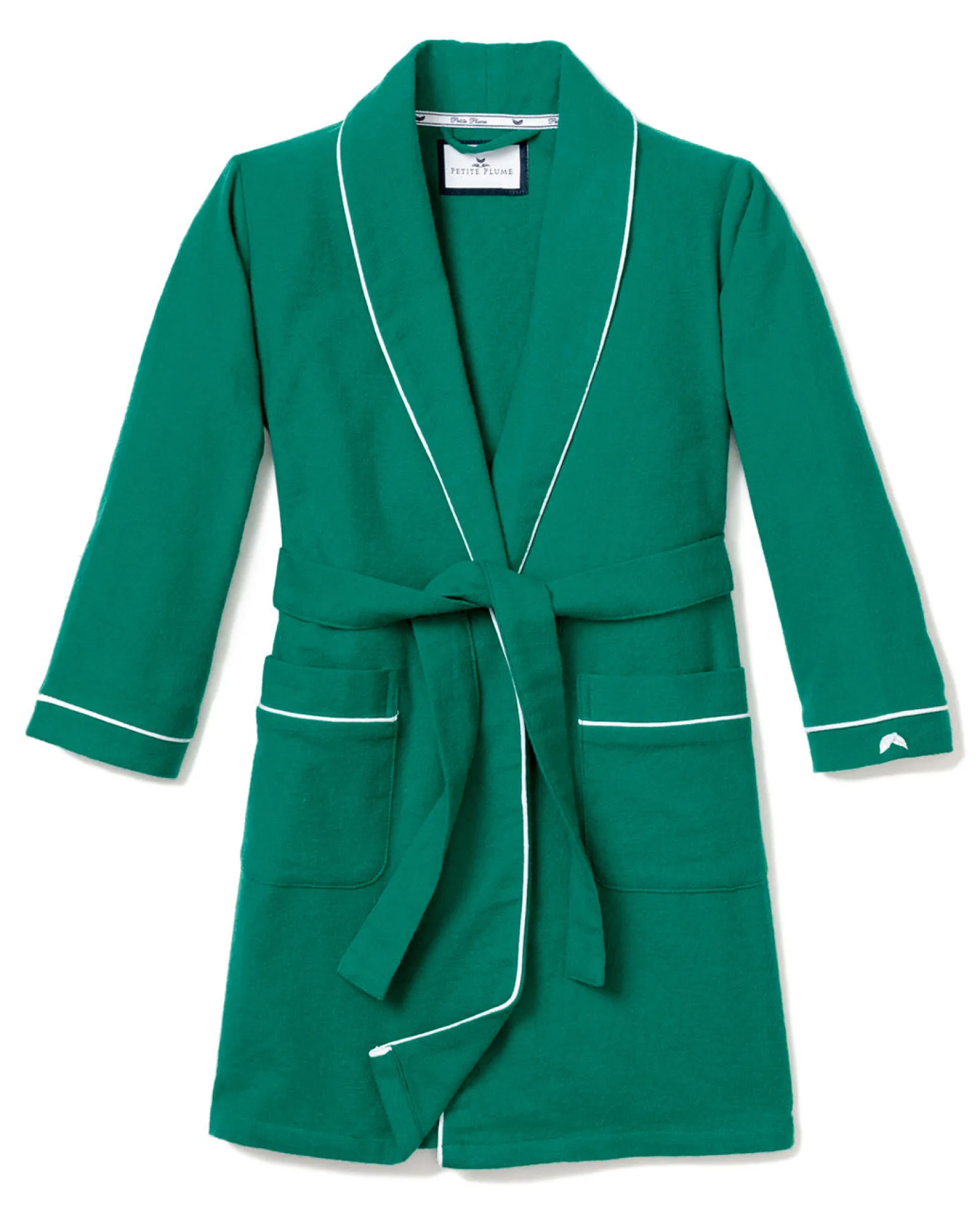 Kids Petite Plume Kid's Flannel Robe in Forest Green with White Piping