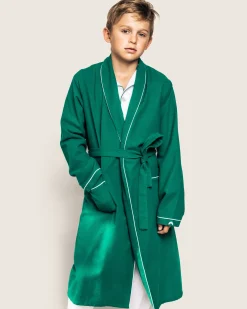 Kids Petite Plume Kid's Flannel Robe in Forest Green with White Piping