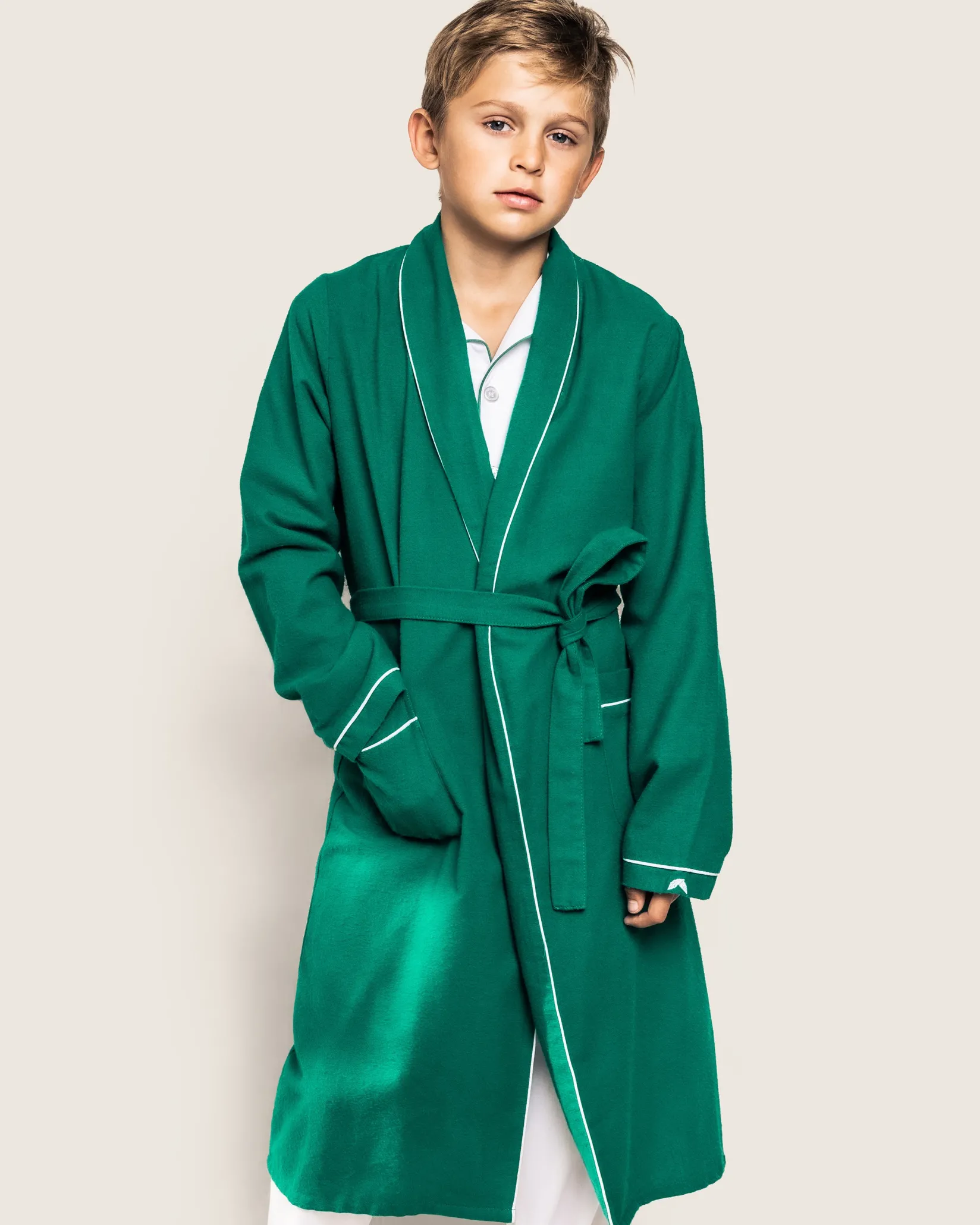 Kids Petite Plume Kid's Flannel Robe in Forest Green with White Piping