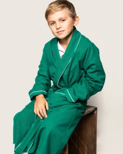 Kids Petite Plume Kid's Flannel Robe in Forest Green with White Piping