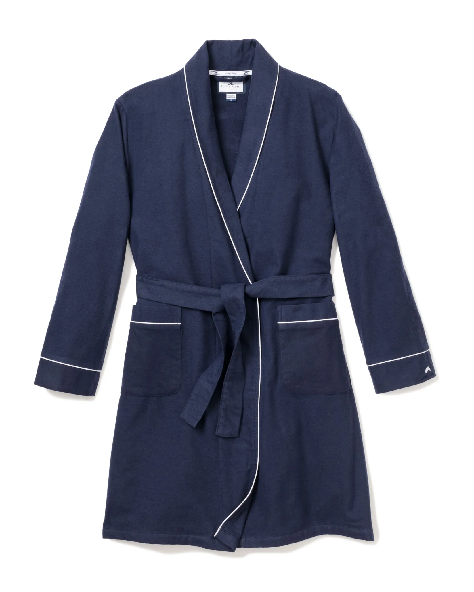 Kids Petite Plume Kid's Flannel Robe in Navy with White Piping