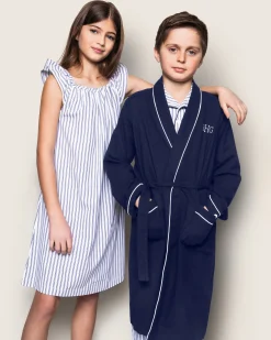 Kids Petite Plume Kid's Flannel Robe in Navy with White Piping