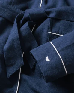 Kids Petite Plume Kid's Flannel Robe in Navy with White Piping