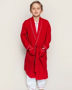 Kids Petite Plume Kid's Flannel Robe in Red with White Piping