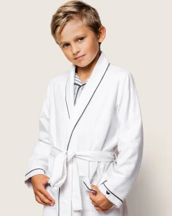 Kids Petite Plume Kid's Flannel Robe in White with Navy Piping