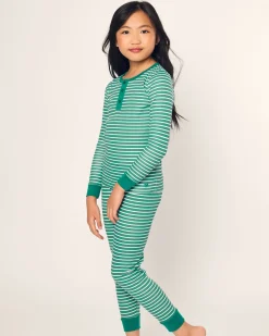 Kids Petite Plume Kid's Pima Snug Fit Pajama Set in Green Stripe