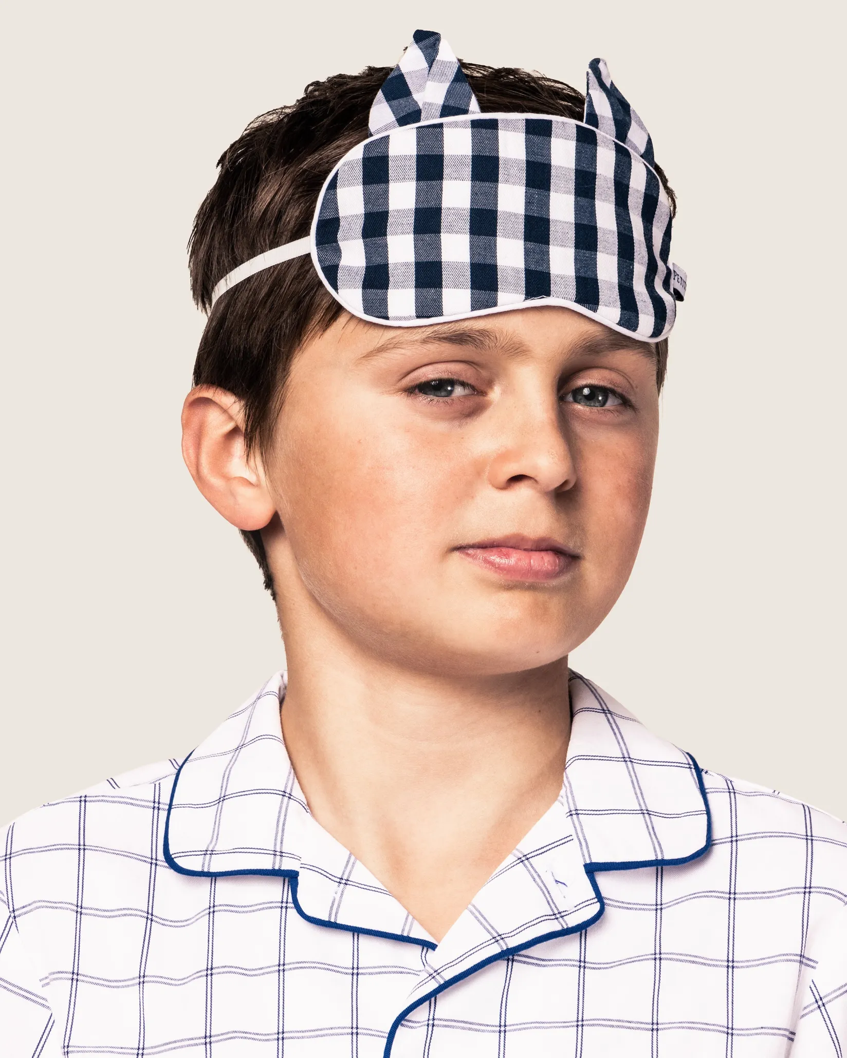 Kids Petite Plume Kid's Twill Kitty Sleep Mask in Navy Gingham