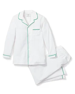 Kids Petite Plume Kid's Twill Pajama Set in White with Green Piping
