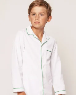 Kids Petite Plume Kid's Twill Pajama Set in White with Green Piping