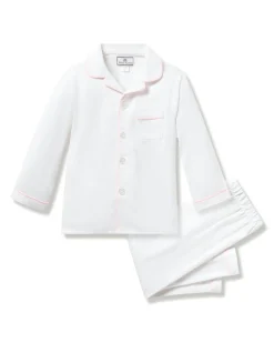 Kids Petite Plume Kid's Twill Pajama Set in White with Pink Piping