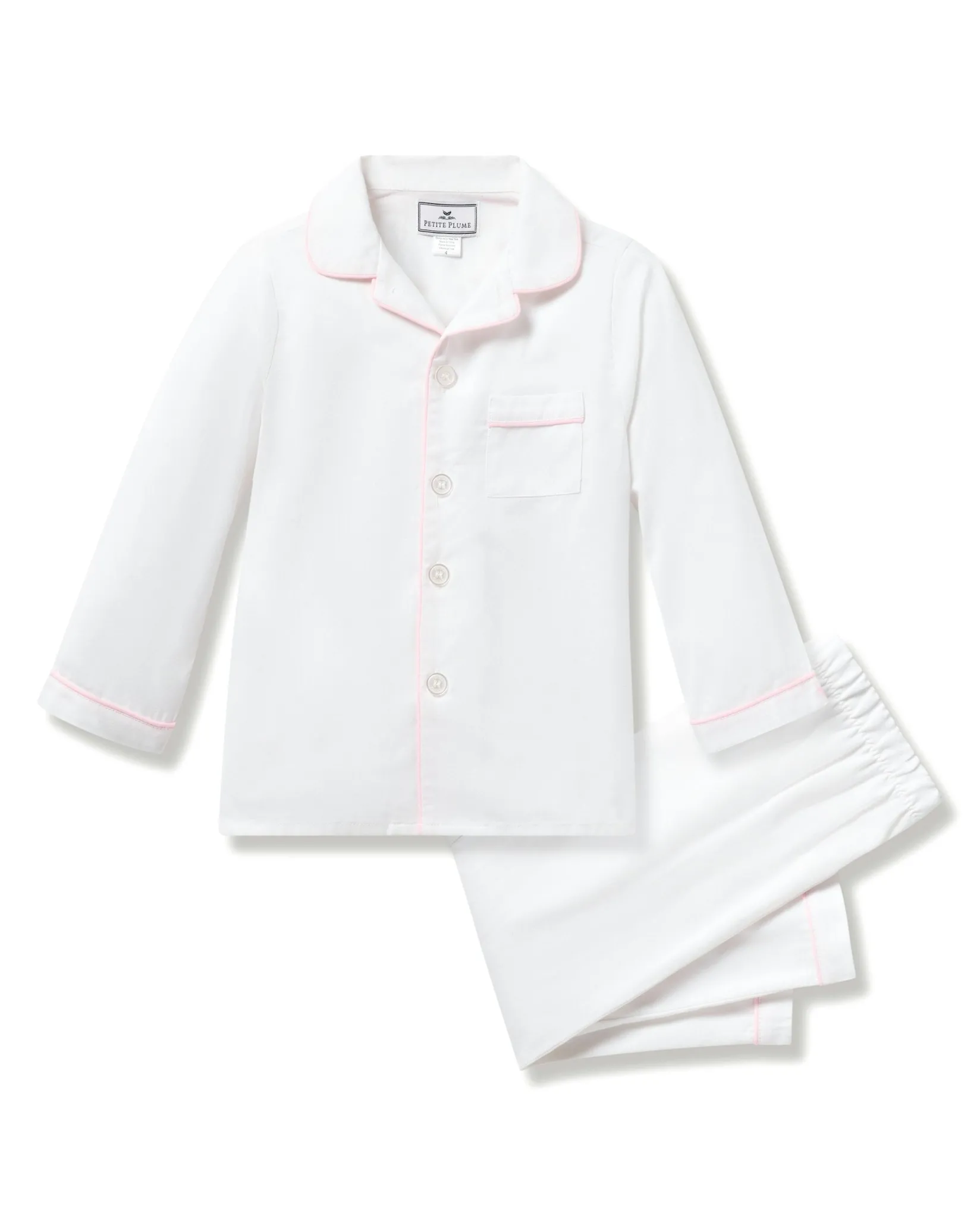 Kids Petite Plume Kid's Twill Pajama Set in White with Pink Piping