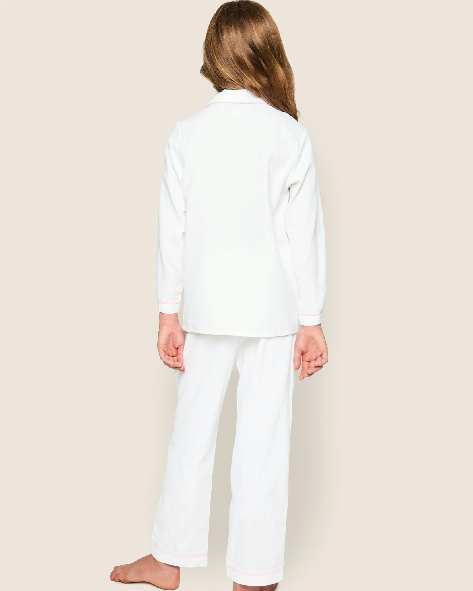 Kids Petite Plume Kid's Twill Pajama Set in White with Pink Piping
