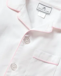 Kids Petite Plume Kid's Twill Pajama Set in White with Pink Piping