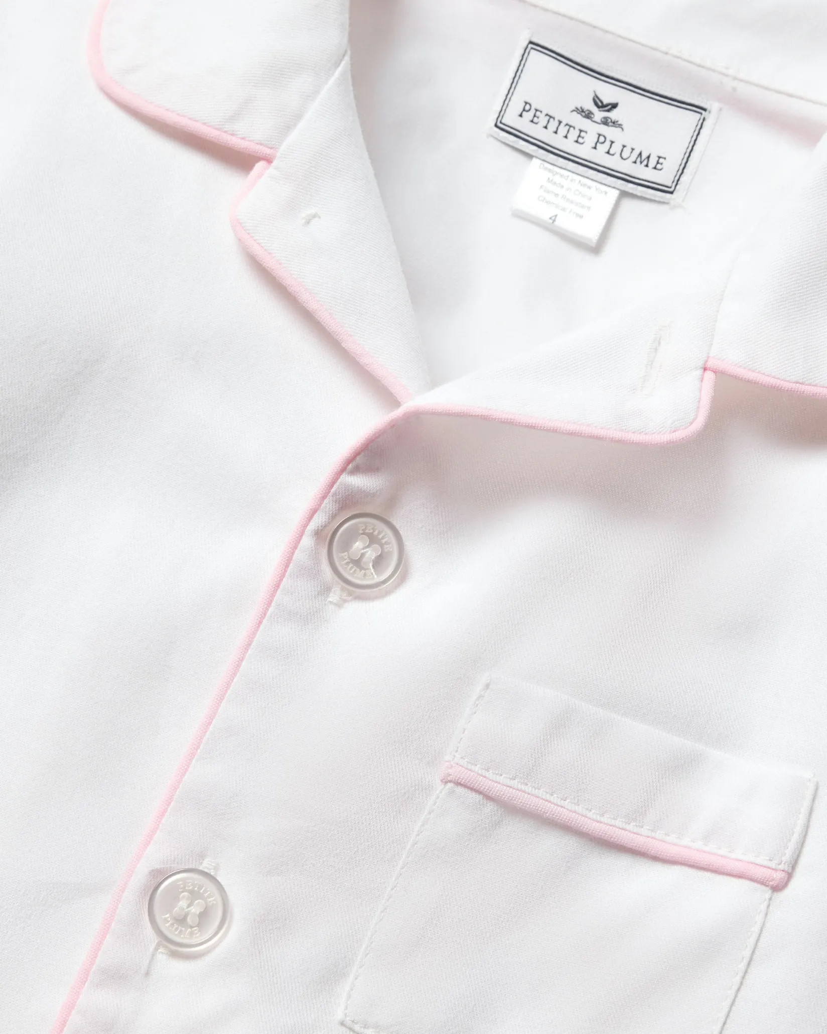 Kids Petite Plume Kid's Twill Pajama Set in White with Pink Piping