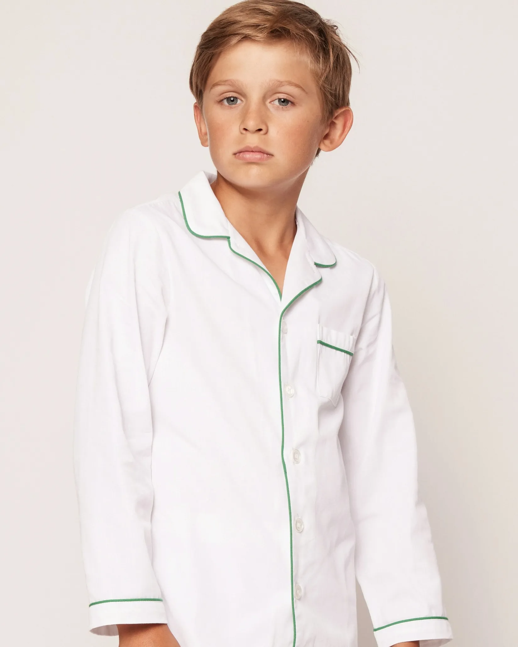 Kids Petite Plume Kid's Twill Pajama Set in White with Pink Piping