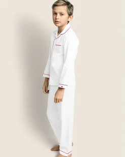 Kids Petite Plume Kid's Twill Pajama Set in White with Red Piping