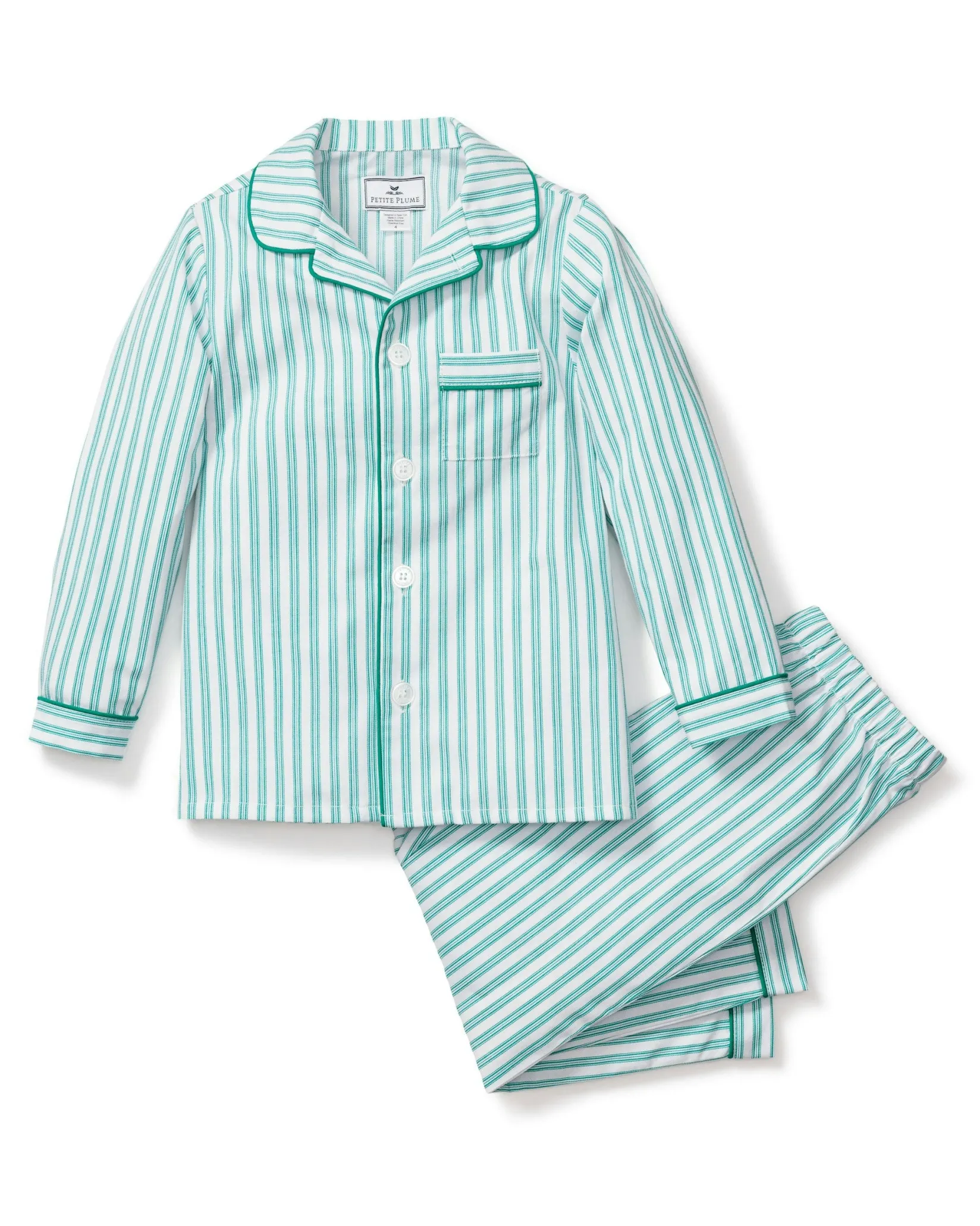 Kids Petite Plume Kid's Twill Pajama Set in Emerald Ticking