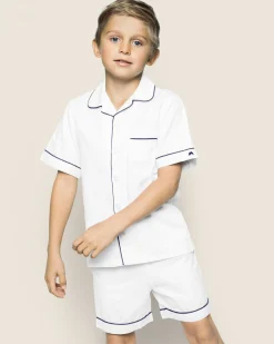 Kids Petite Plume Kid's Twill Pajama Short Set in White with Navy Piping