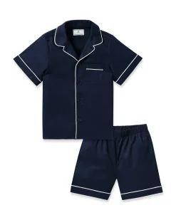 Kids Petite Plume Kid's Twill Pajama Short Set in White with Navy Piping