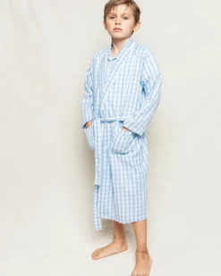 Kids Petite Plume Kid's Twill Robe in Light Blue Gingham