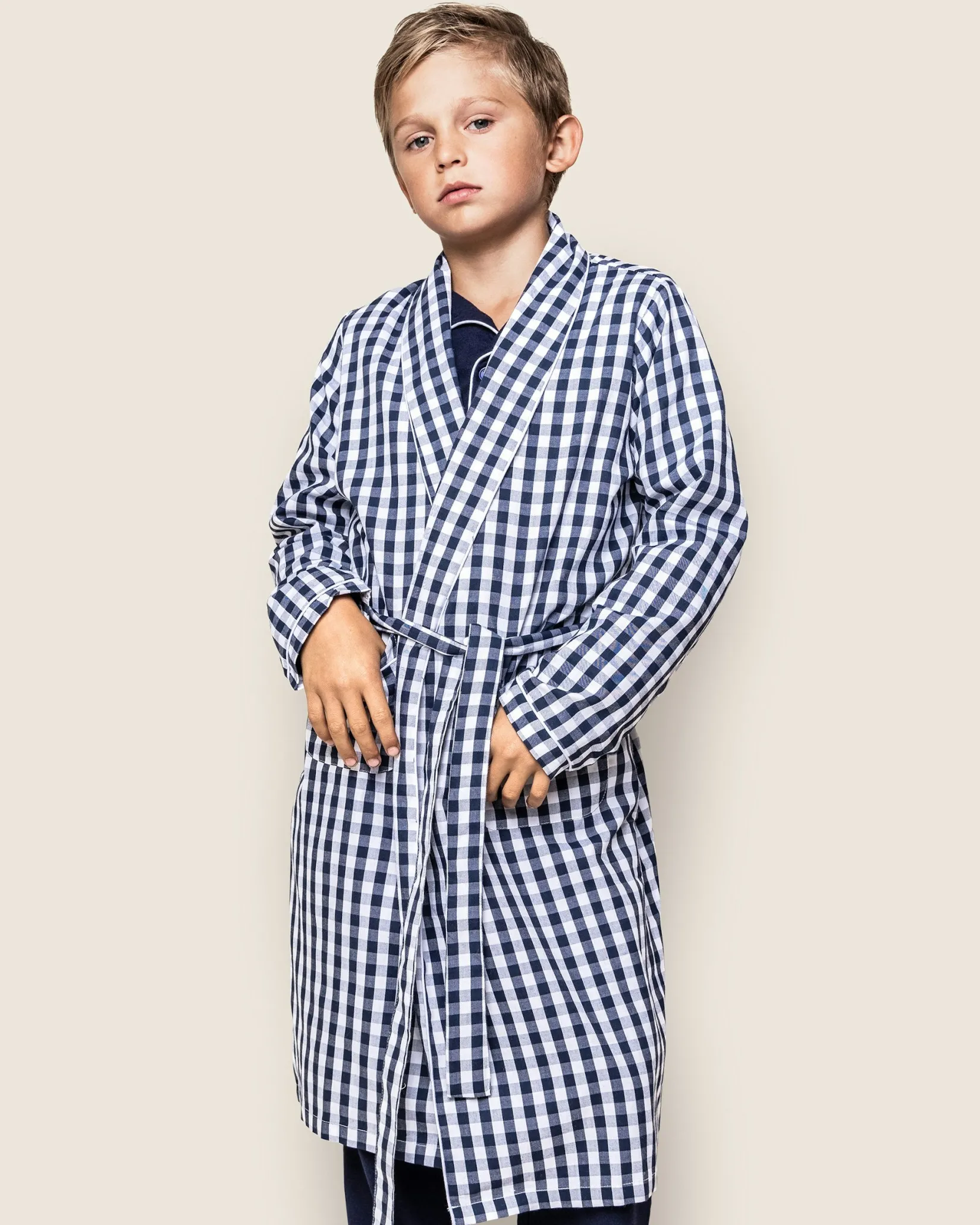 Kids Petite Plume Kid's Twill Robe in Light Blue Gingham
