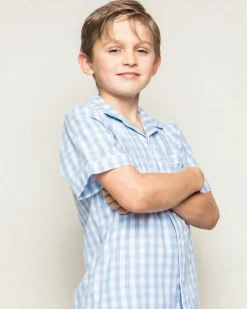 Kids Petite Plume Kid's Twill Short Set in Light Blue Gingham