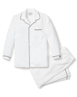 Kids Petite Plume Kid's Twill White Pajama Set in White with Navy Piping