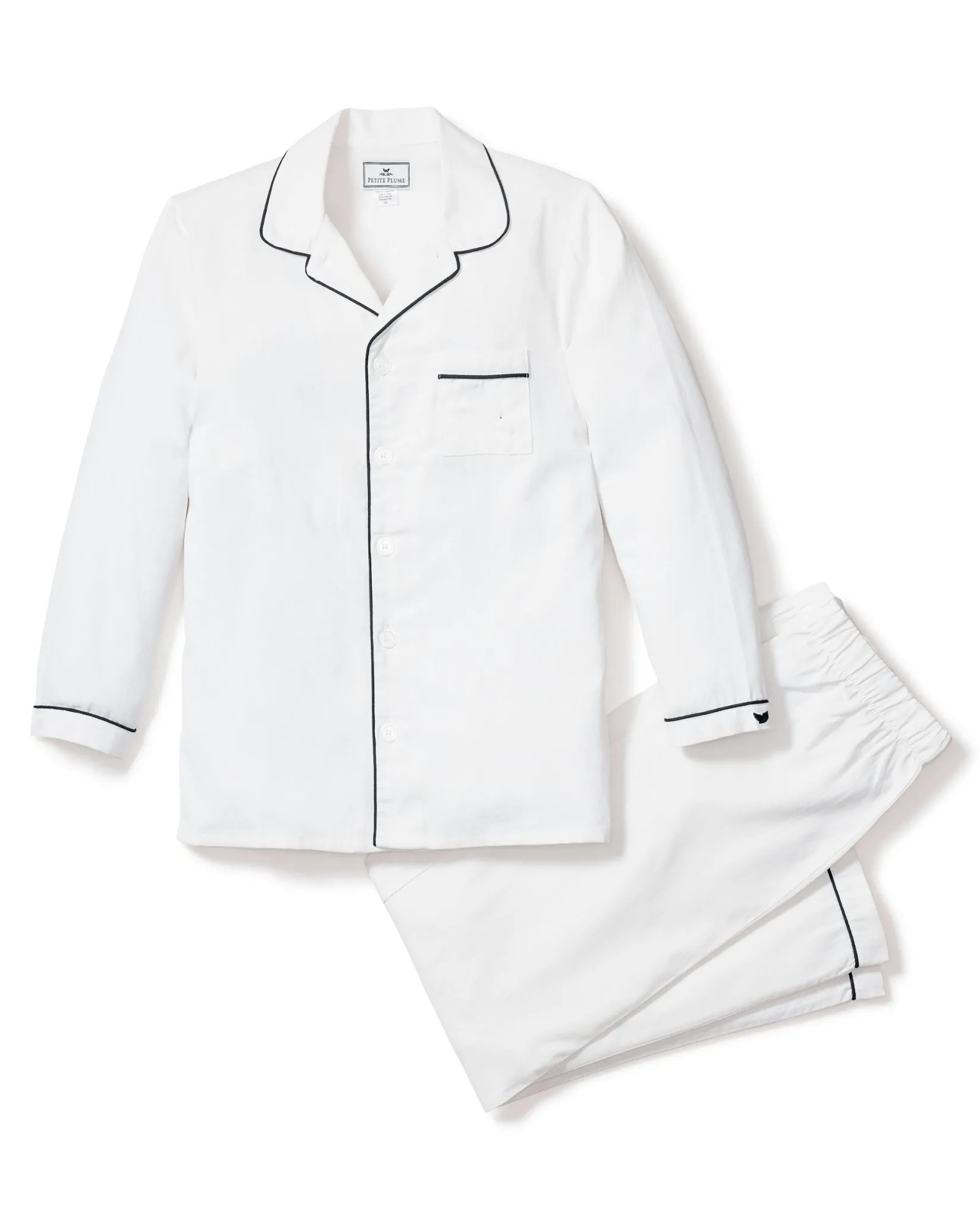 Kids Petite Plume Kid's Twill White Pajama Set in White with Navy Piping