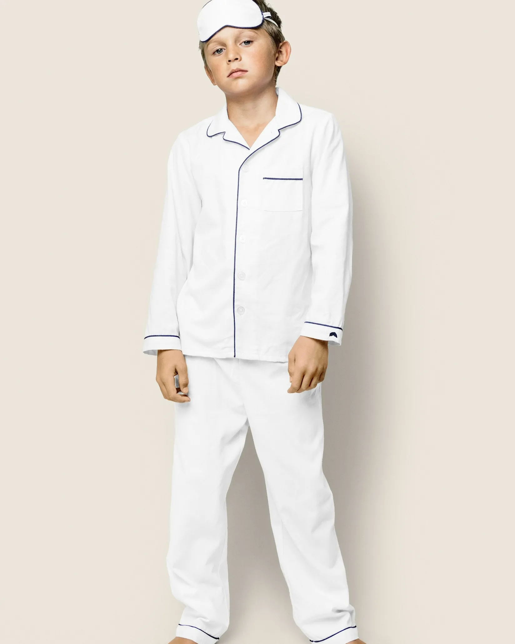 Kids Petite Plume Kid's Twill White Pajama Set in White with Navy Piping